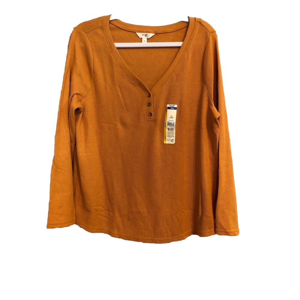 New‎ Terra & Sky Womens Top Orange Size 0X 14W Long Sleeve Waffle Henley Shirt